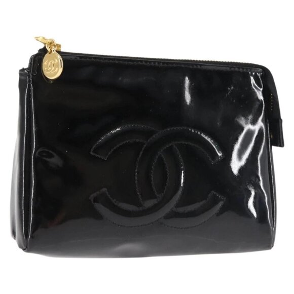 CHANEL Pouch Enamel Black Gold CC Auth 145547 - Picture 1 of 16